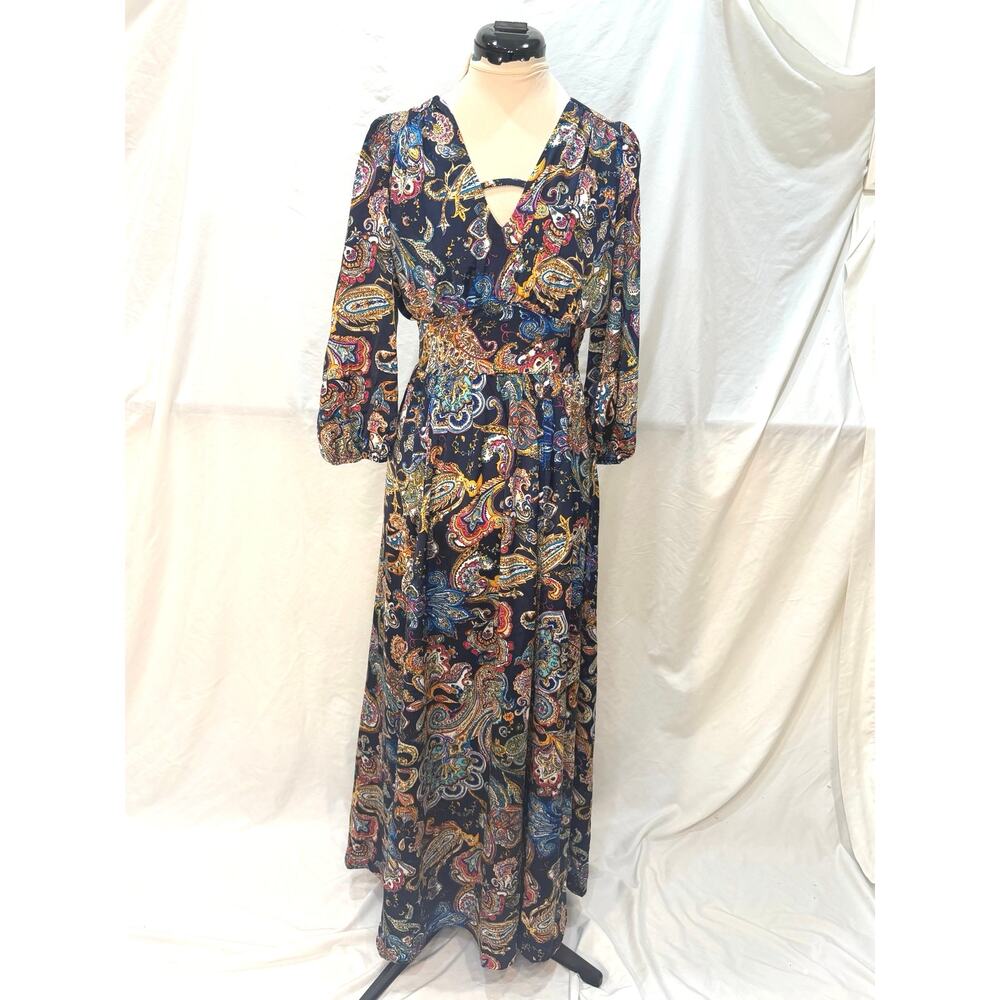 Pinch Navy Paisley Print Maxi Dress Size S V-Neck Keyhole 3/4 Sleeve